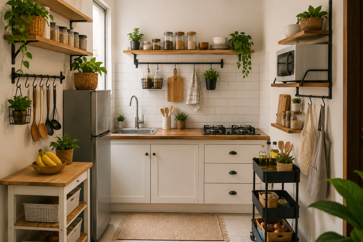 Cozinha pequena e simples organizada com bancada livre, prateleiras, ganchos e divisão em áreas de armazenamento, preparo e limpeza. Organização de Cozinha Pequena e Simples