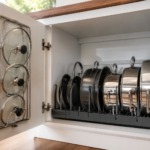 Organizador de panelas vertical dentro de armário de cozinha moderna com panelas de diferentes tamanhos organizadas em pé