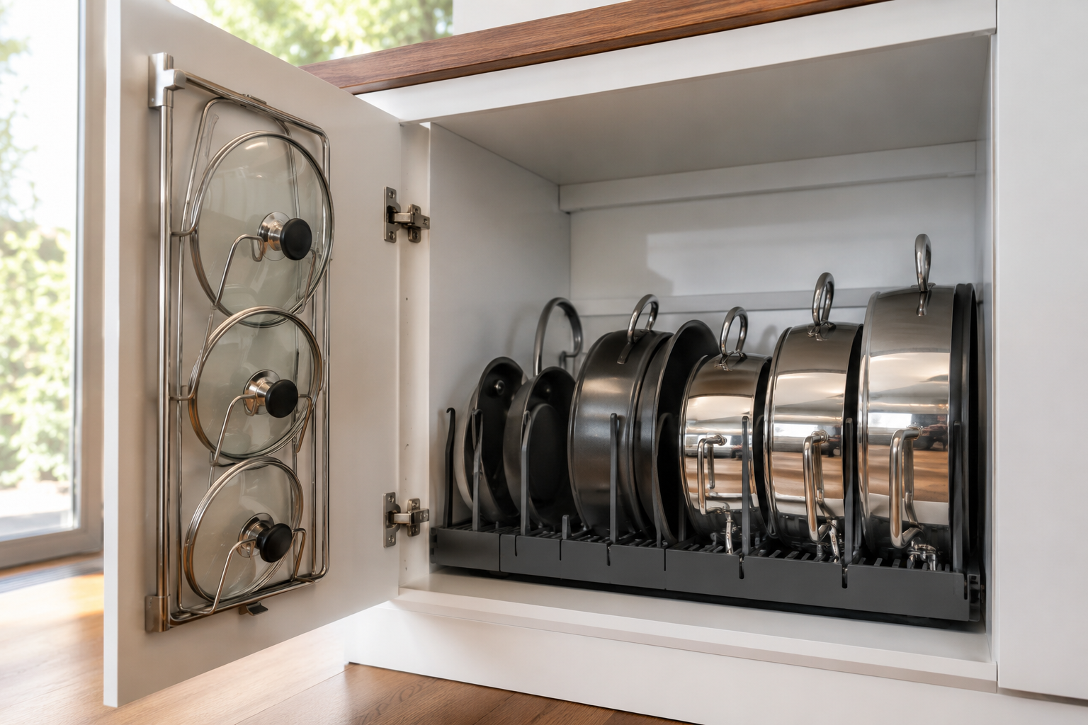 Organizador de panelas vertical dentro de armário de cozinha moderna com panelas de diferentes tamanhos organizadas em pé