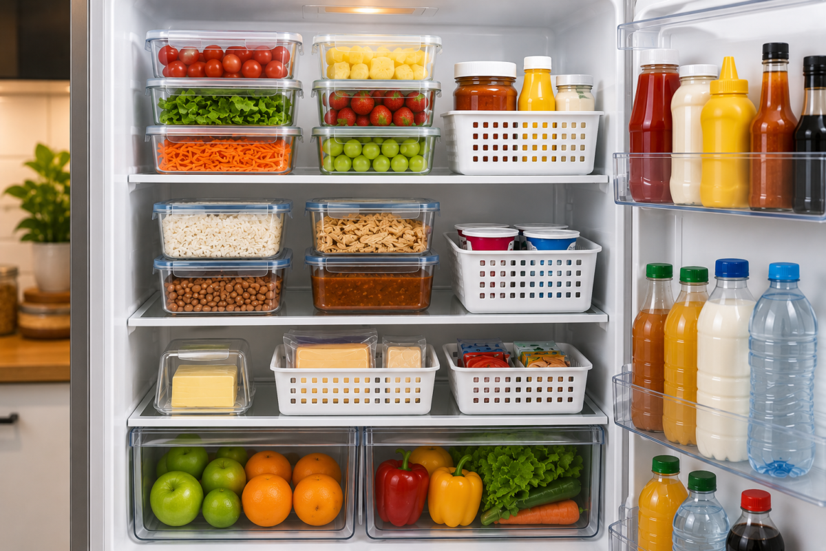 Interior de geladeira organizada com potes transparentes empilháveis, cestos organizadores e alimentos armazenados de forma prática e funcional.