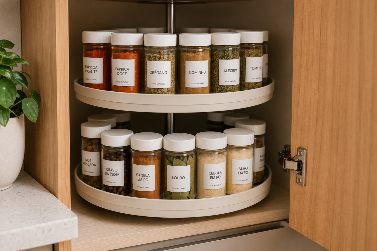 Prateleira giratória dentro de armário de cozinha com potes de tempero de vidro organizados em círculo