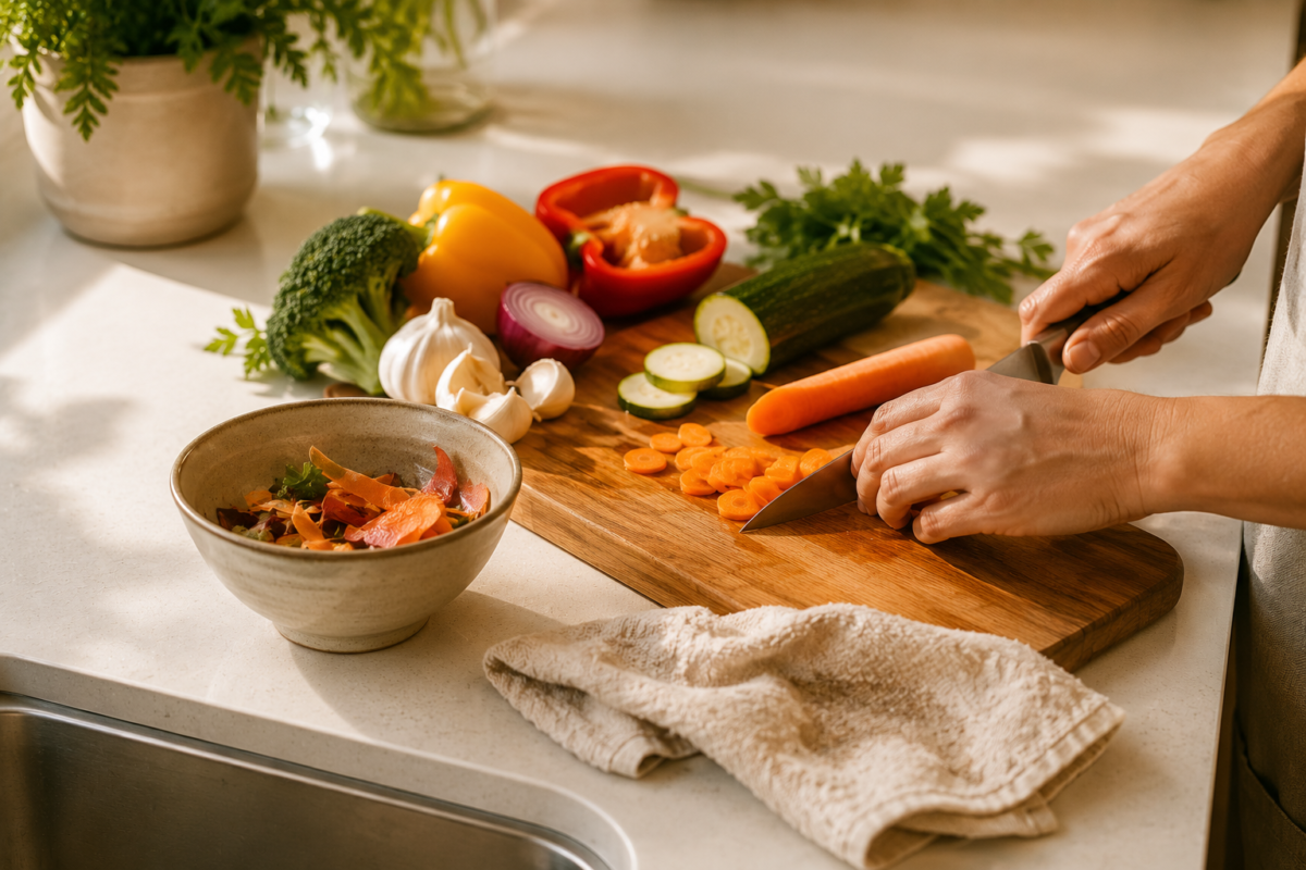 Bancada de cozinha durante o preparo com pano úmido ao lado, Bancada da Cozinha Sempre Limpa