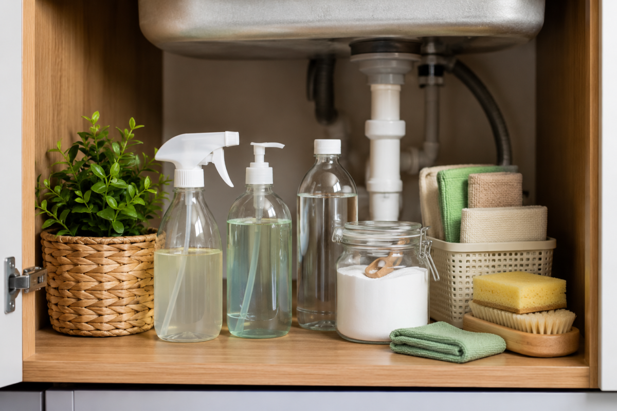 Produtos de limpeza organizados em armário de cozinha