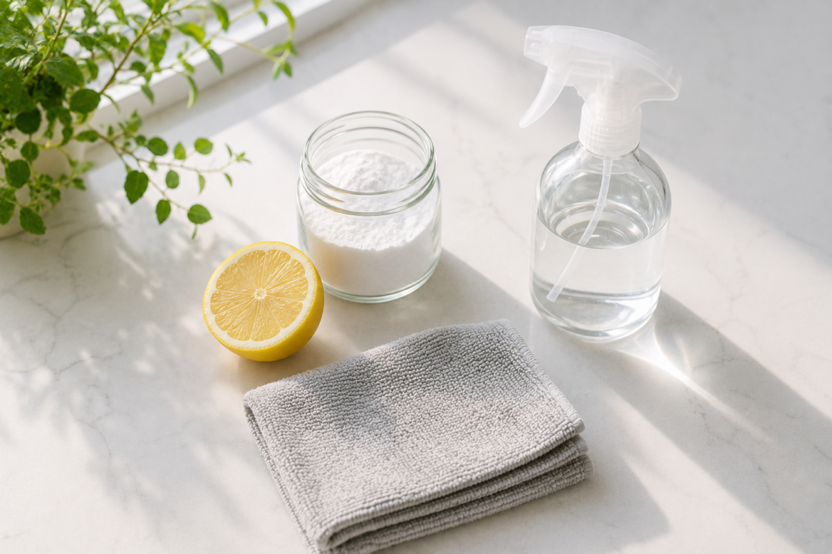 Produtos naturais para limpeza de bancada: bicarbonato, limão e pano