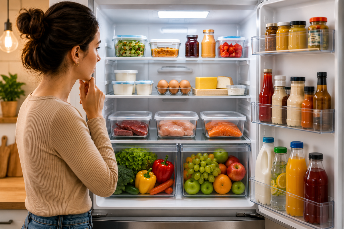 Mulher observando uma geladeira organizada em uma cozinha moderna, com alimentos distribuídos corretamente entre prateleiras, gavetas e porta para melhor conservação.