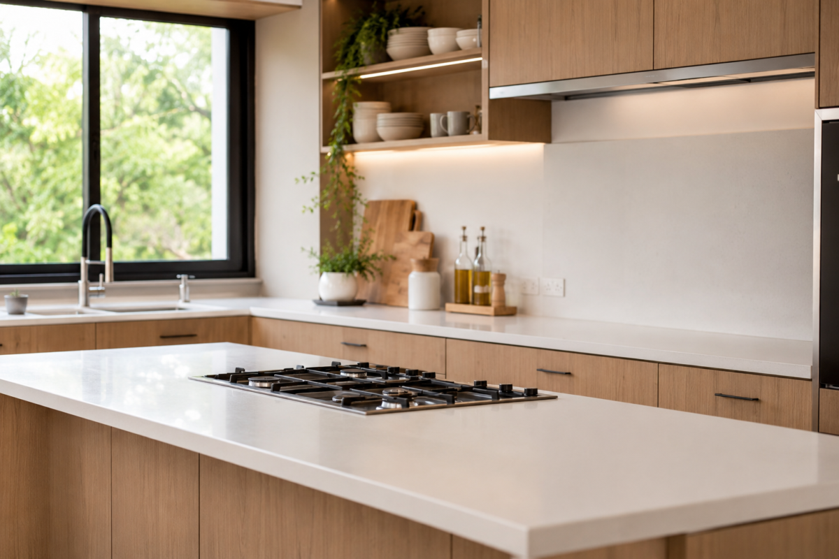 Cozinha planejada moderna com armários claros e bancada de quartzo iluminada por luz natural. Quanto Custa uma Cozinha Planejada