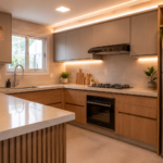 Cozinha planejada moderna em formato L com armários em tons neutros, bancada de pedra e design elegante e funcional em ambiente iluminado
