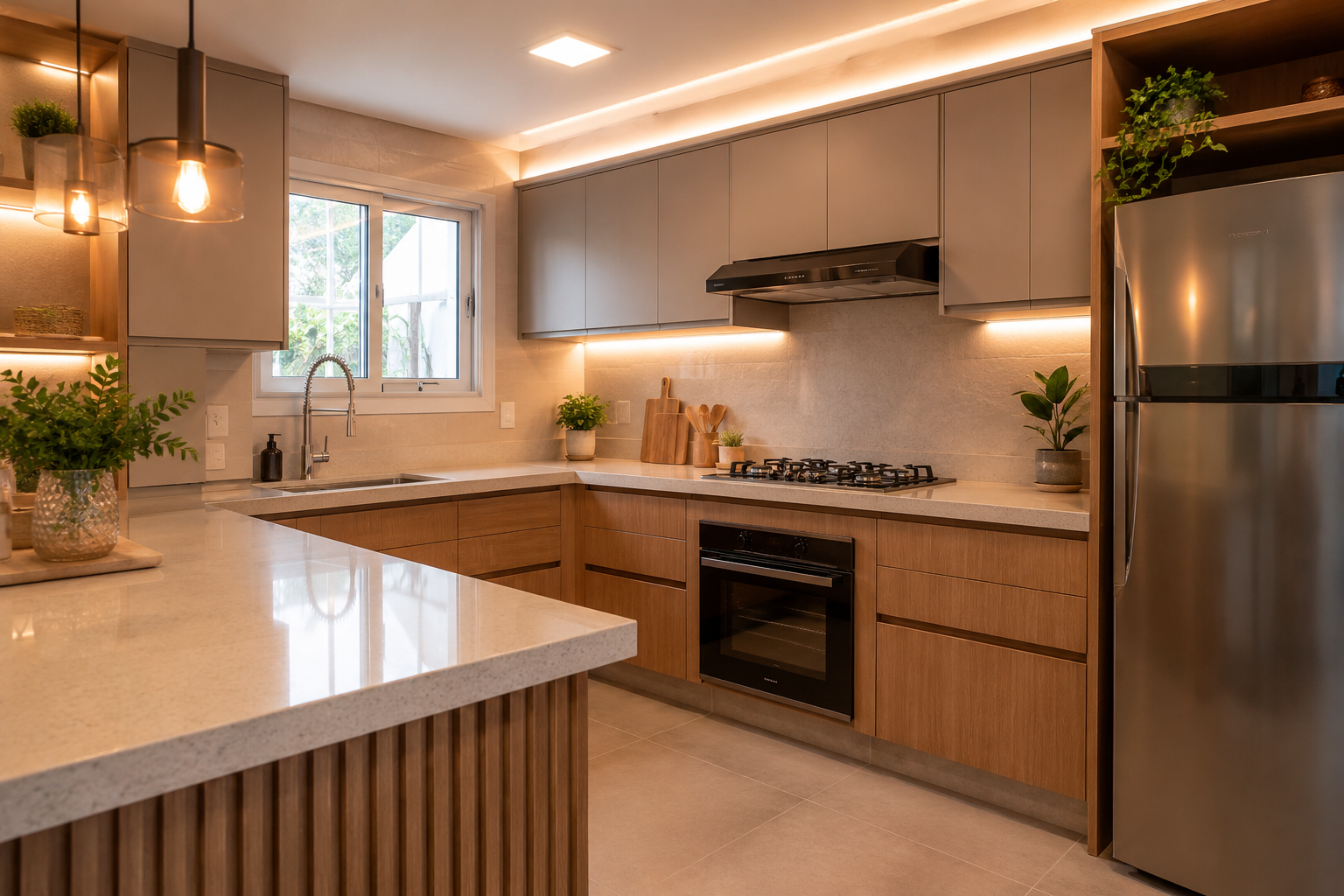 Cozinha planejada moderna em formato L com armários em tons neutros, bancada de pedra e design elegante e funcional em ambiente iluminado