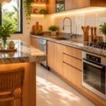 Cozinha moderna com porcelanato bege no piso, azulejo branco na parede e bancada de granito cinza