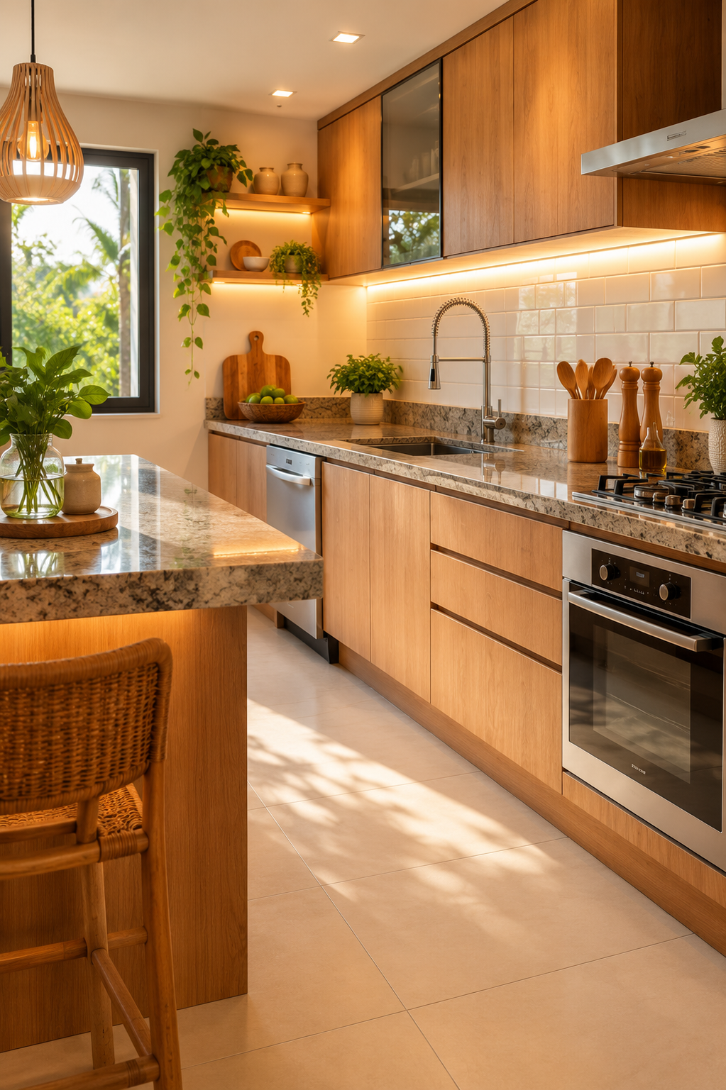 Cozinha moderna com porcelanato bege no piso, azulejo branco na parede e bancada de granito cinza