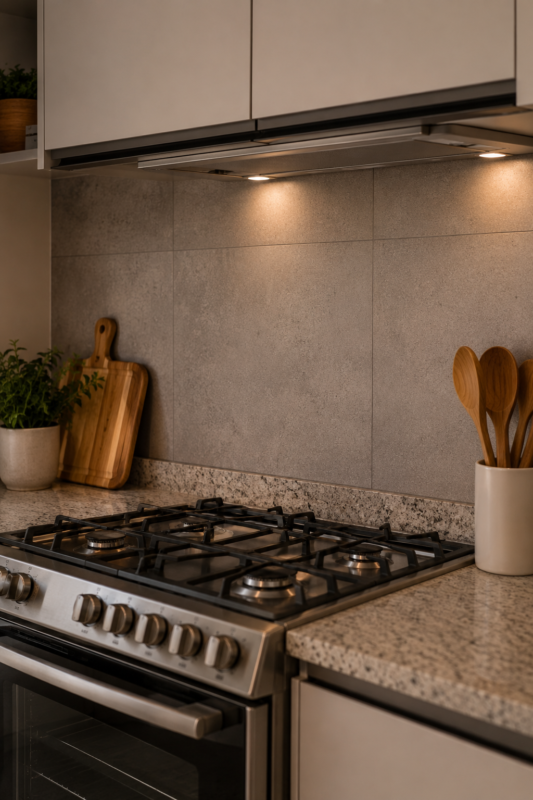 Parede molhada da cozinha com porcelanato cinza fosco e bancada de granito claro