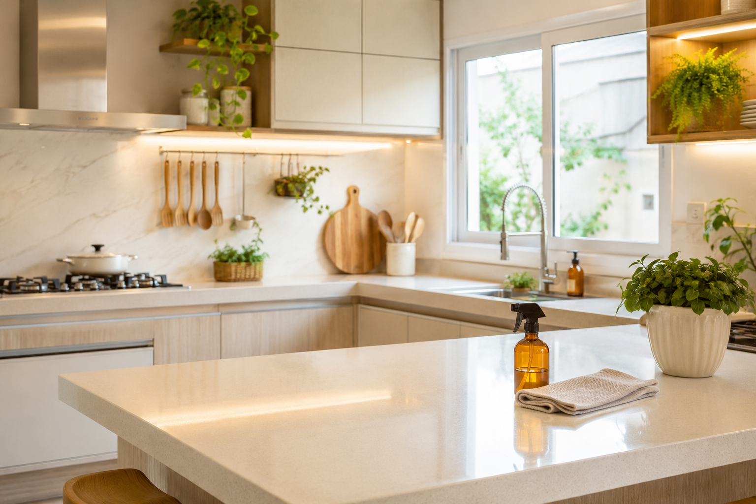 Cozinha moderna brasileira limpa e organizada com luz natural