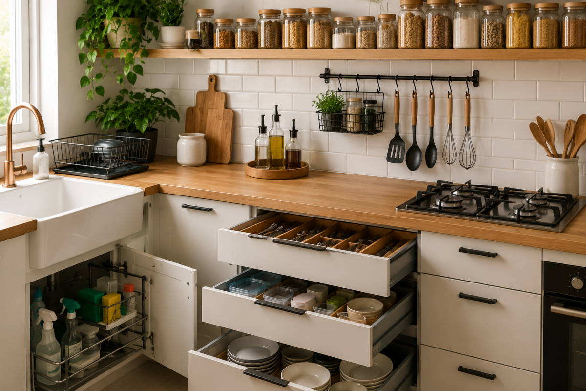 Cozinha organizada com utensílios guardados, bancada limpa e armários funcionais, representando hábitos diários que evitam a bagunça.