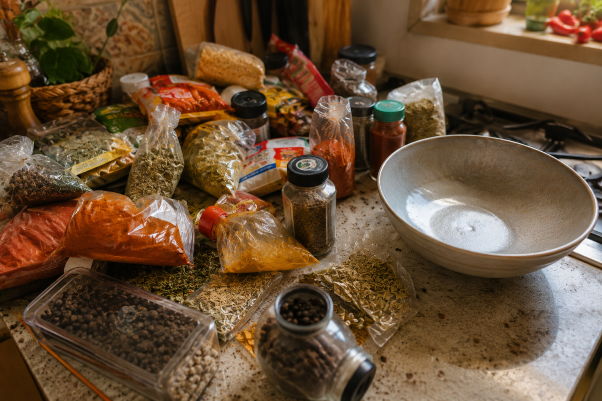 Bancada de cozinha com embalagens de temperos abertas e desorganizadas ao lado de uma tigela vazia, Como Organizar temperos