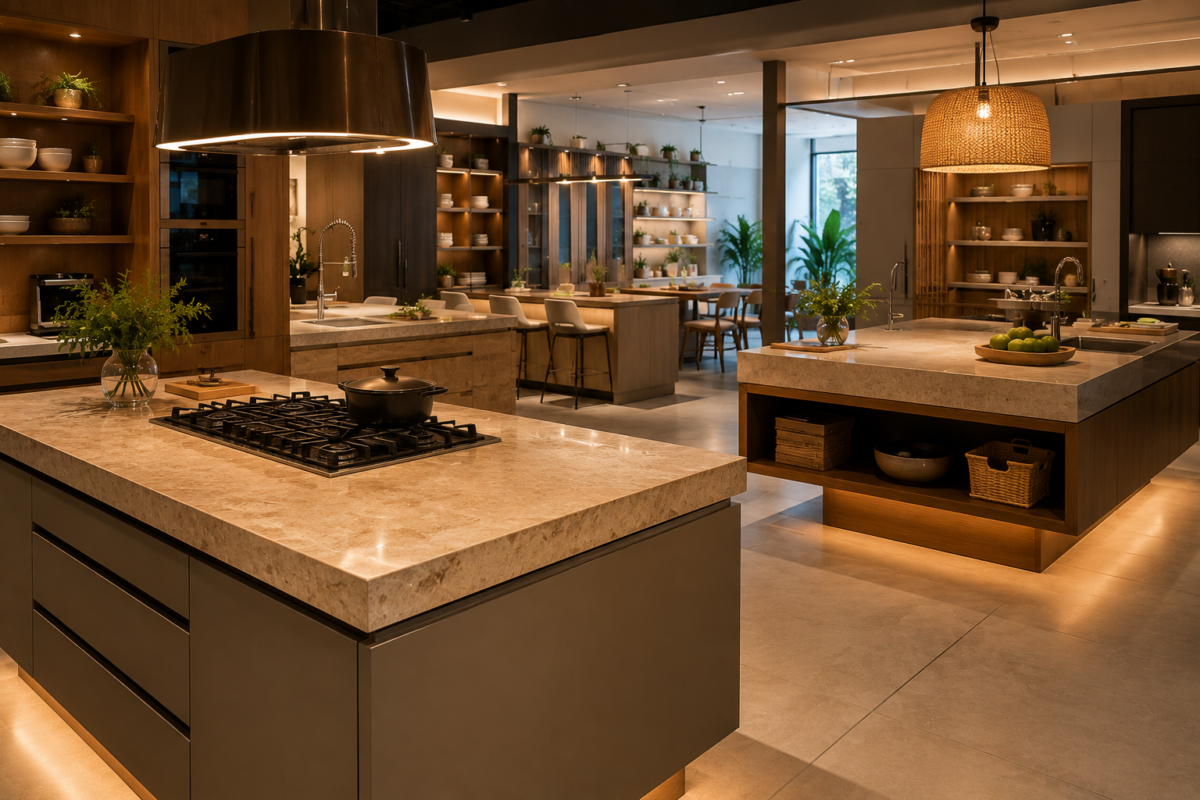 Diferentes modelos de ilha de cozinha em showroom de interiores
