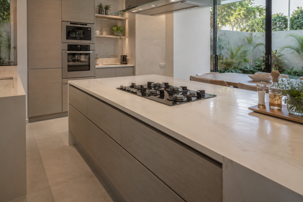Bancada de cozinha em altura ergonômica com cooktop integrado