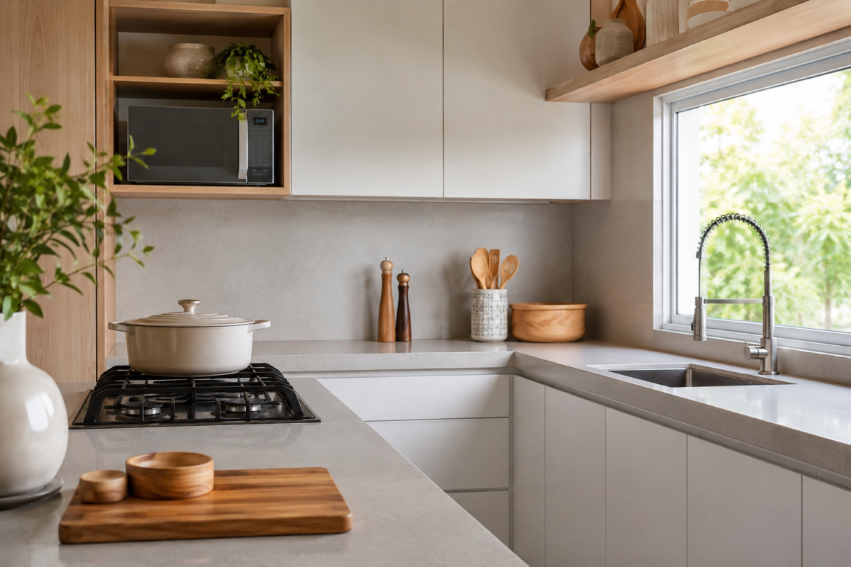 Bancada de cozinha em quartzo claro em ambiente moderno e iluminado