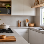 Bancada de cozinha em quartzo claro em ambiente moderno e iluminado