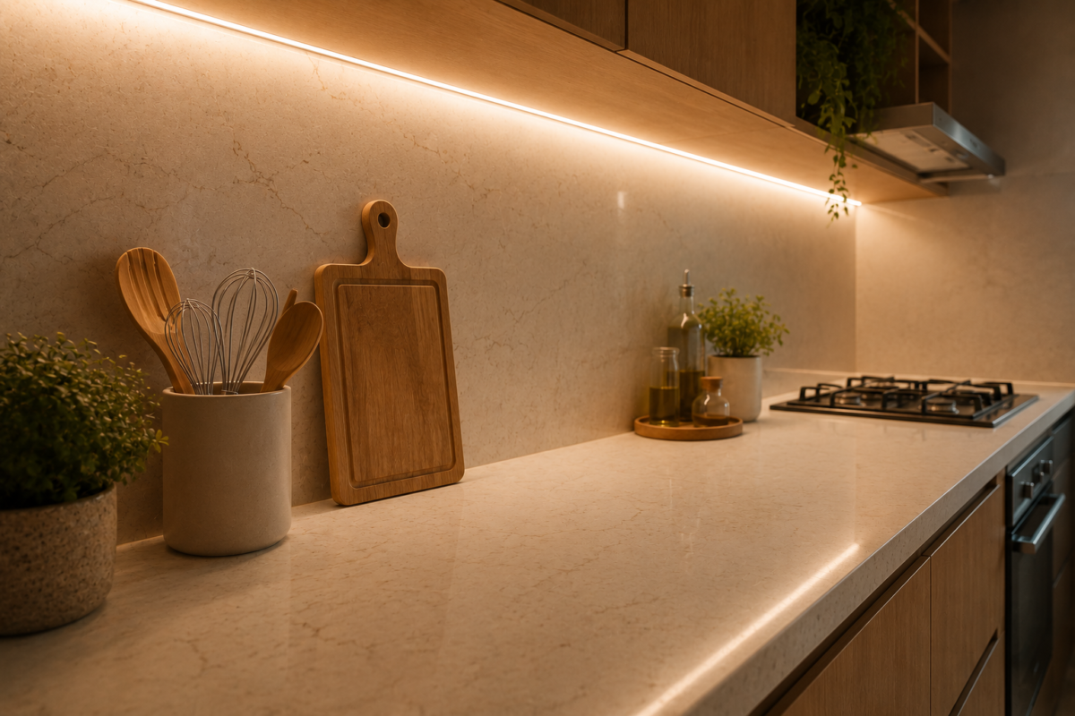 Bancada de quartzo iluminada por fita de LED embaixo do armário