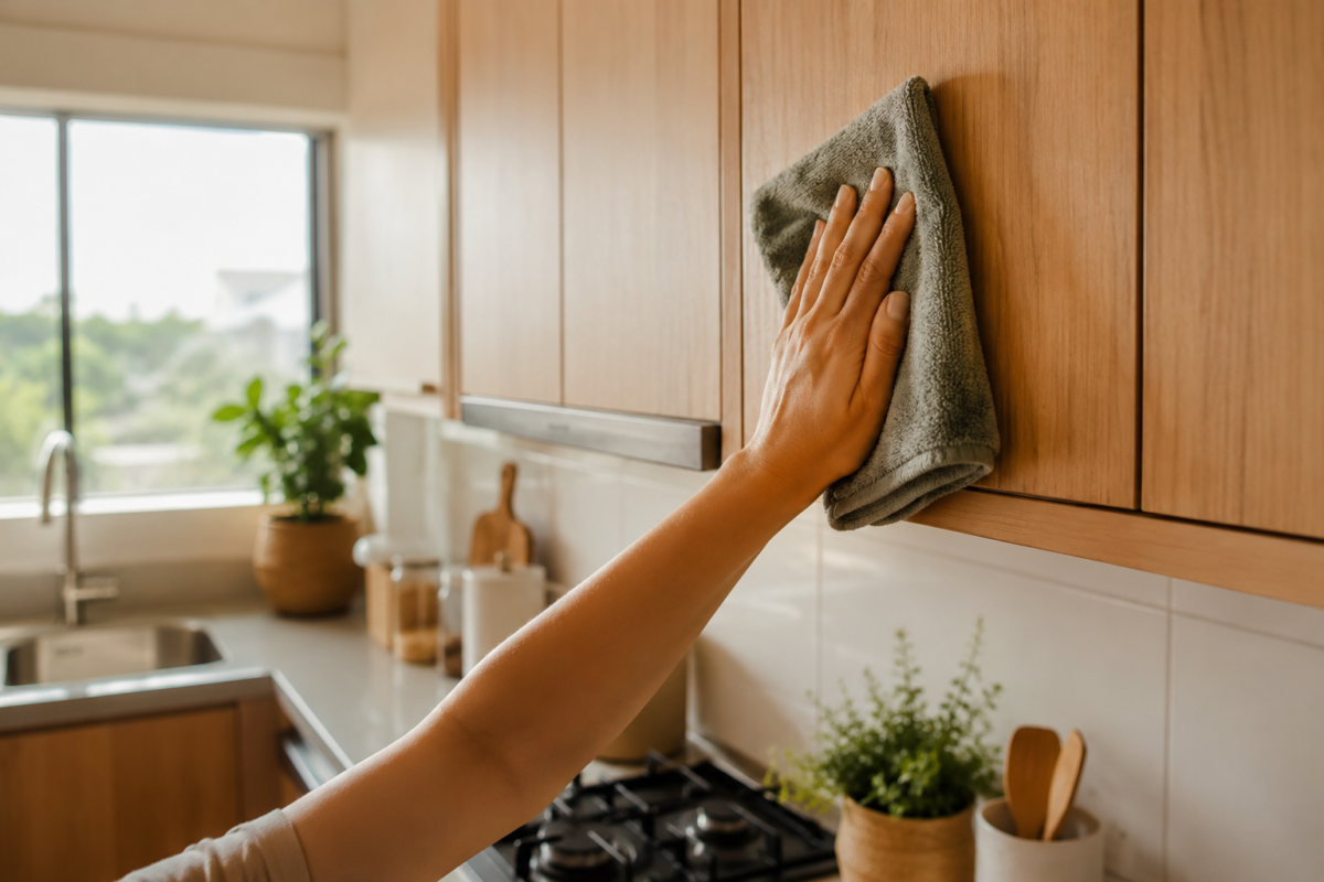 Mão limpando porta de armário de cozinha com pano macio