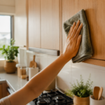 Mão limpando porta de armário de cozinha com pano macio