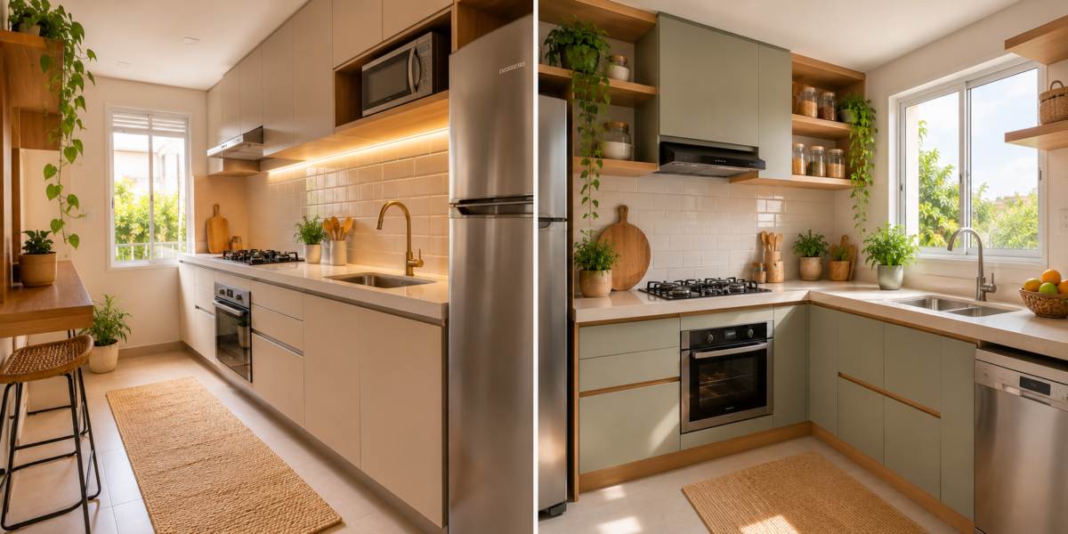 Comparação visual entre layout de cozinha linear e layout em L