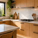 cozinha com madeira clara e acabamento moderno