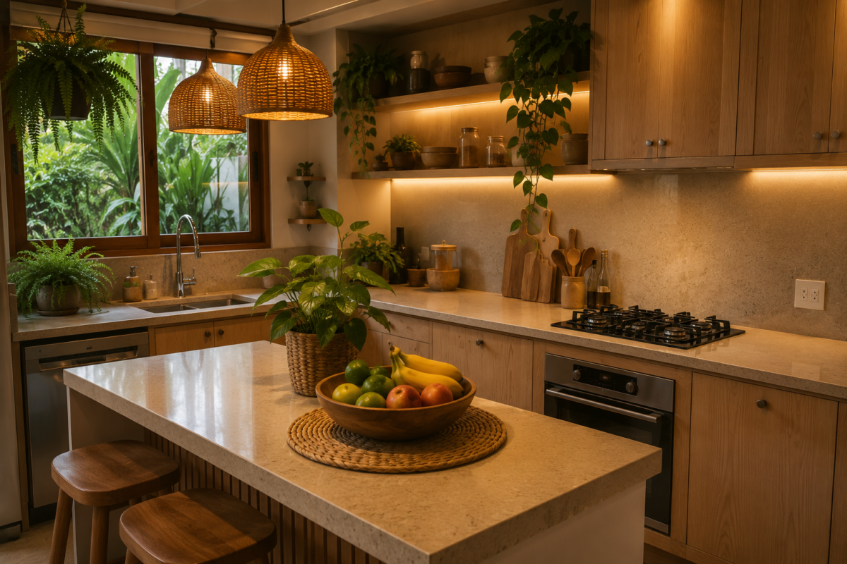cozinha com madeira e plantas em ambiente aconchegante