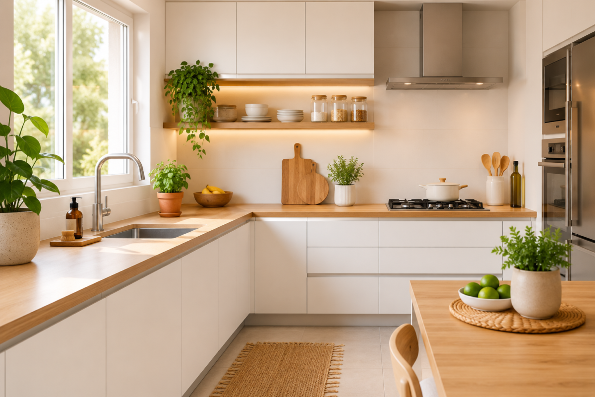 Cozinha minimalista com armários brancos e bancada de madeira clara
