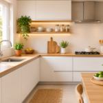 Cozinha minimalista com armários brancos e bancada de madeira clara