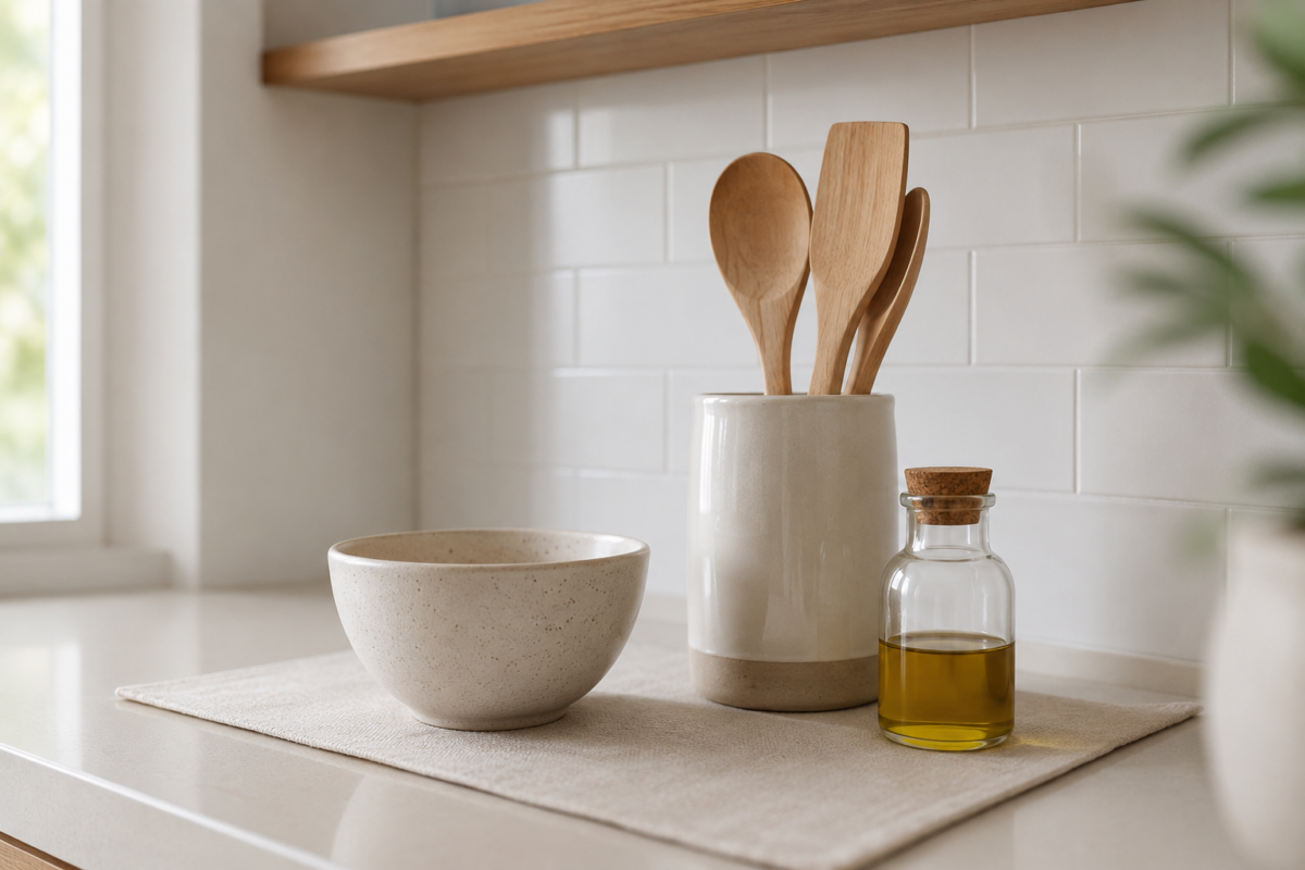 Bancada de cozinha minimalista organizada com poucos utensílios