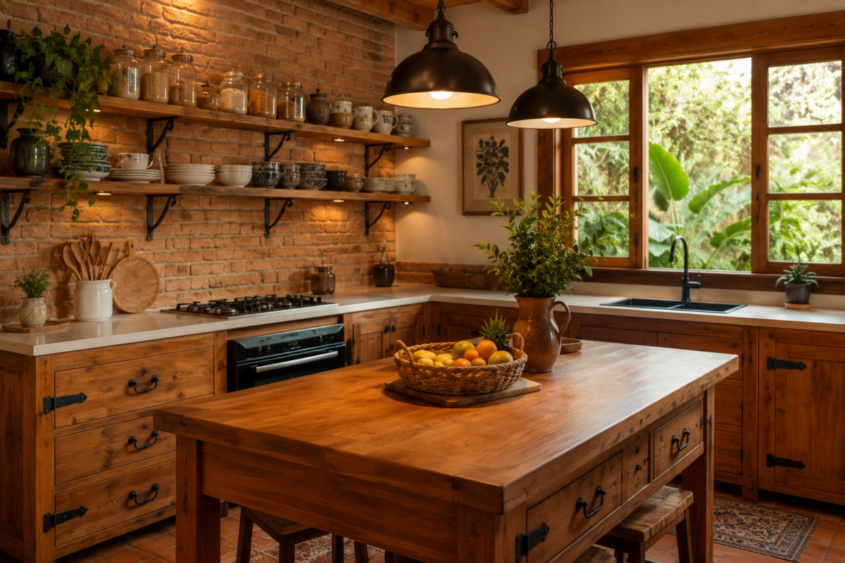 Cozinha rústica com tijolo aparente e móveis de madeira maciça