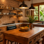 Cozinha rústica com tijolo aparente e móveis de madeira maciça