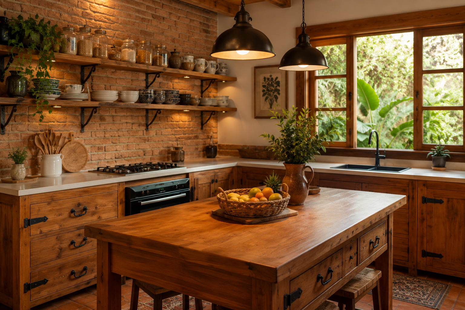 Cozinha rústica com tijolo aparente e móveis de madeira maciça
