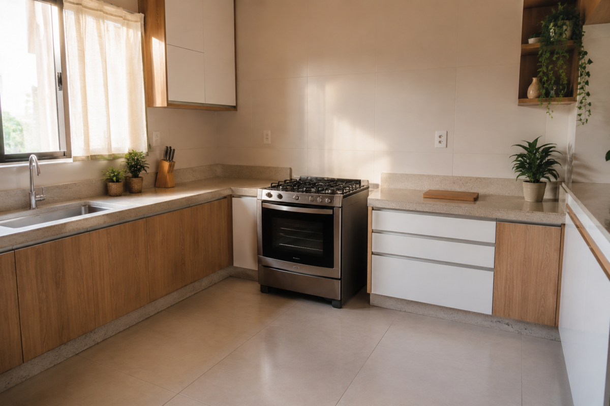 Cozinha em L mostrando distância equilibrada entre os pontos do triângulo de trabalho
