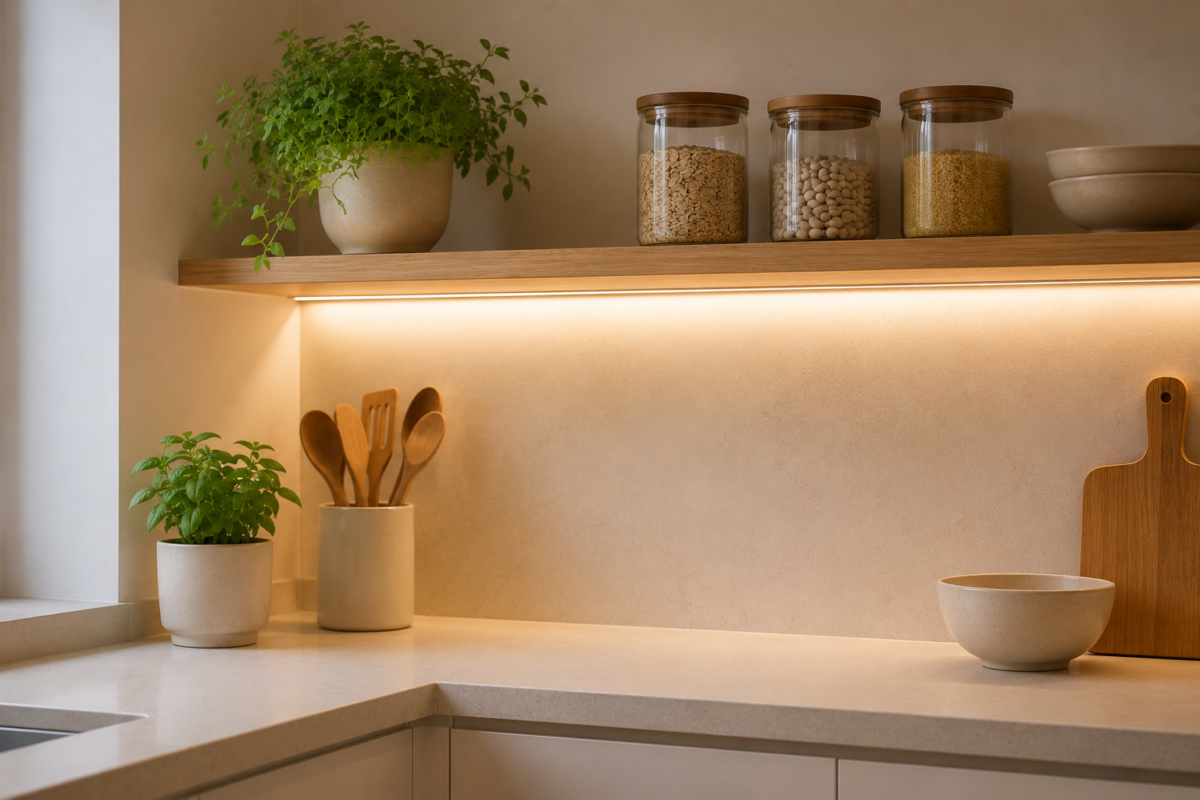 Prateleira de cozinha minimalista com potes etiquetados e planta