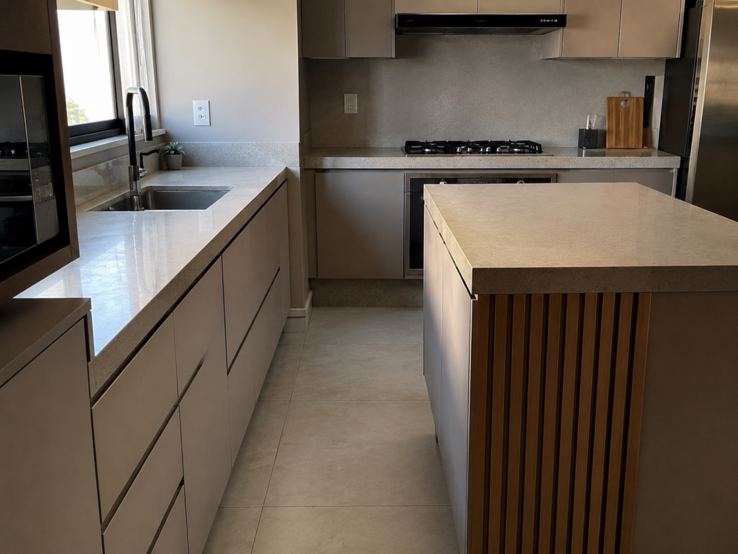 Ilha de cozinha posicionada de forma que interfere no fluxo do triângulo de trabalho