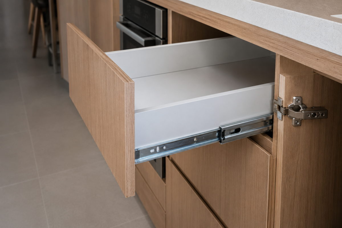 gaveta de cozinha com corrediça telescópica aberta