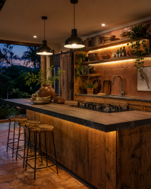 Iluminação em camadas em cozinha rústica com pendentes pretos