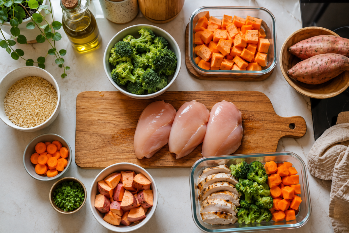 Ingredientes crus organizados em tigelas para preparo do meal prep, como fazer meal prep
