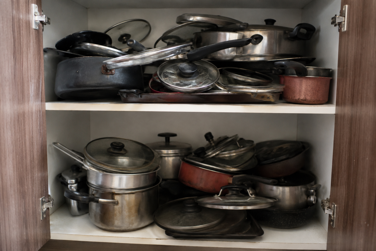 Armário de cozinha com panelas e tampas desorganizadas