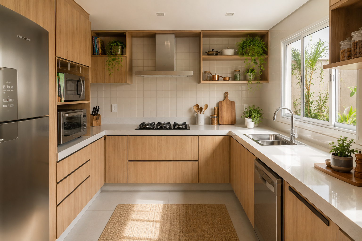 Cozinha moderna organizada em formato U mostrando exemplo de layout funcional