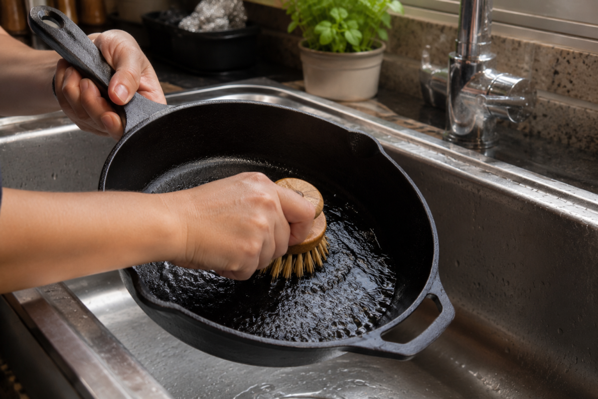 limpeza de panela de ferro fundido com água quente