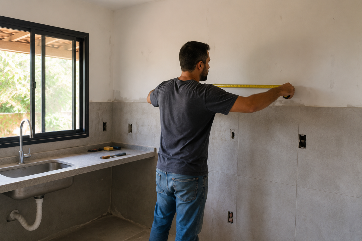 pessoa medindo parede de cozinha antes de instalar armários, Como escolher móveis de cozinha sem erro