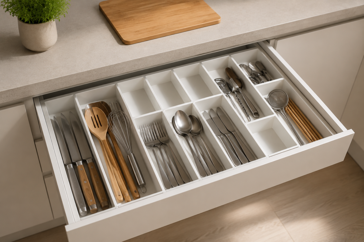 Gaveta de cozinha organizada com divisórias para utensílios
