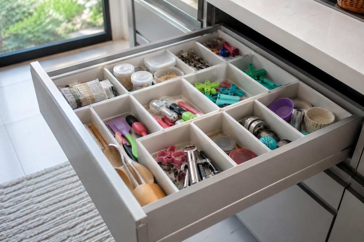 organizador modular de gaveta de cozinha com itens variados