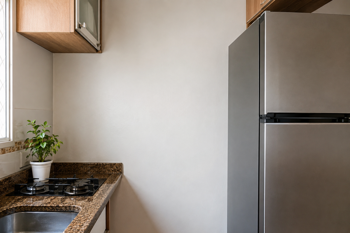  Espaço vazio na parede da cozinha pequena antes de instalar prateleira