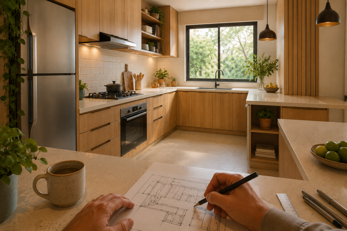Mãos desenhando a planta de uma nova cozinha sobre a bancada, Planejar uma reforma de cozinha