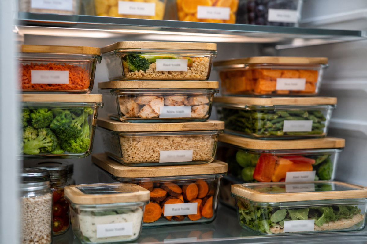 Potes de meal prep empilhados e organizados dentro da geladeira