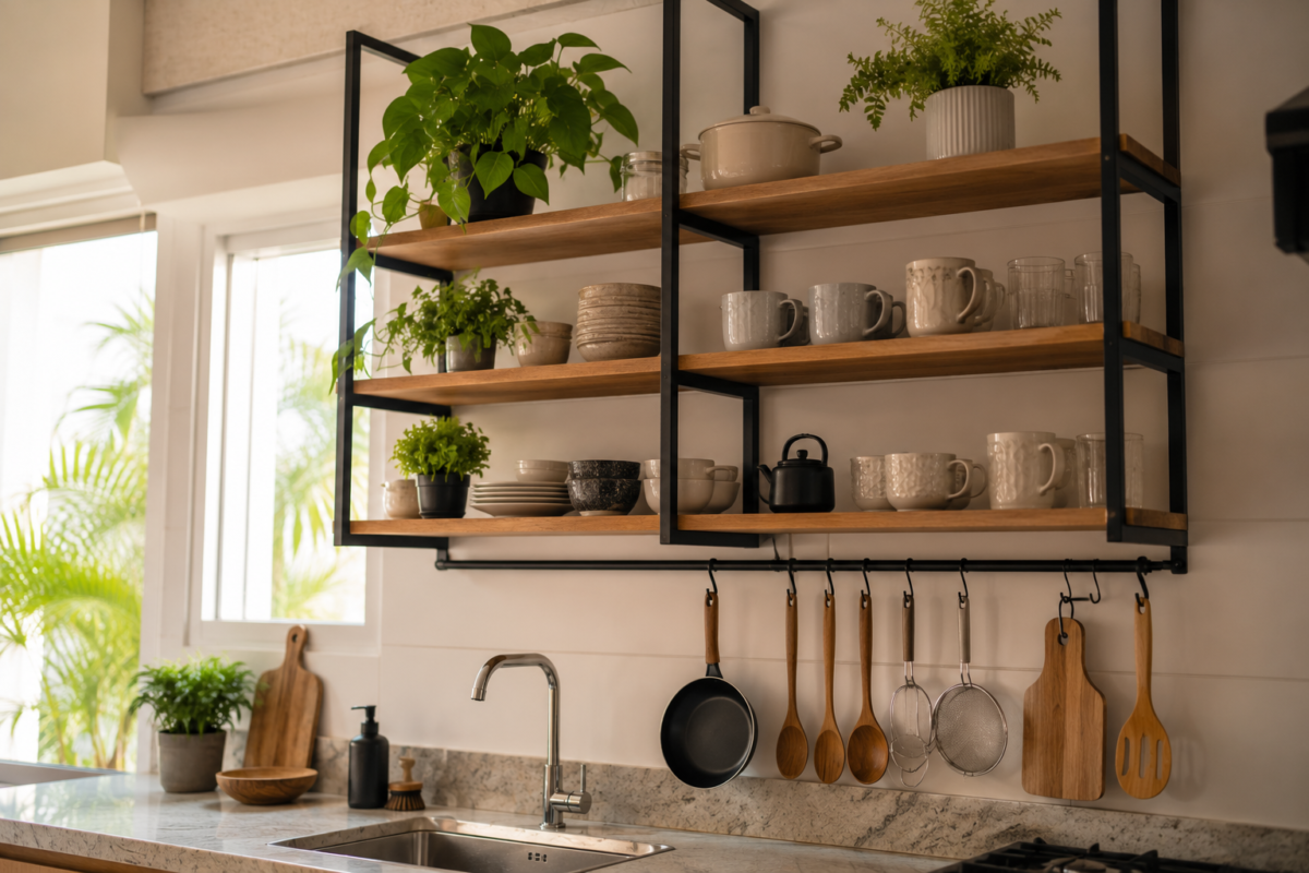 prateleiras abertas metálicas com plantas na cozinha
